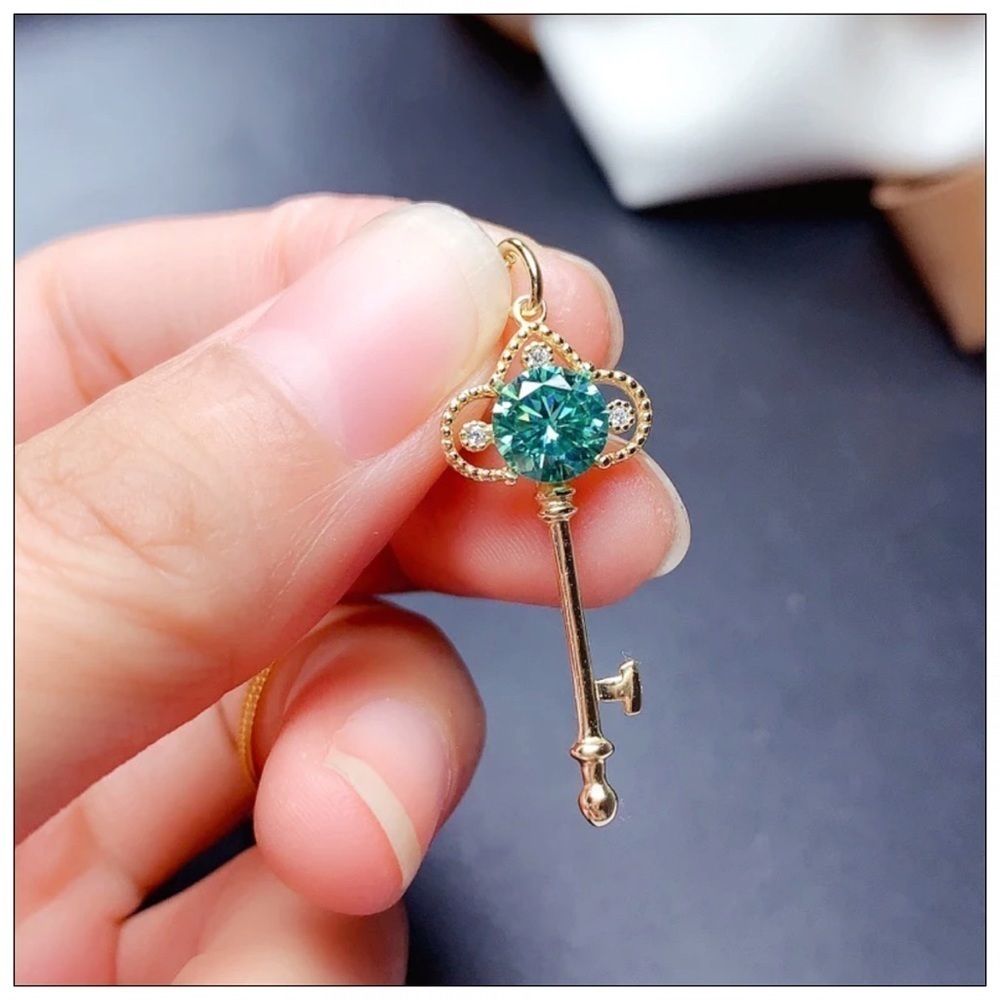 NEW Sterling Silver Gold 1CT Moissanite Gold Key Necklace